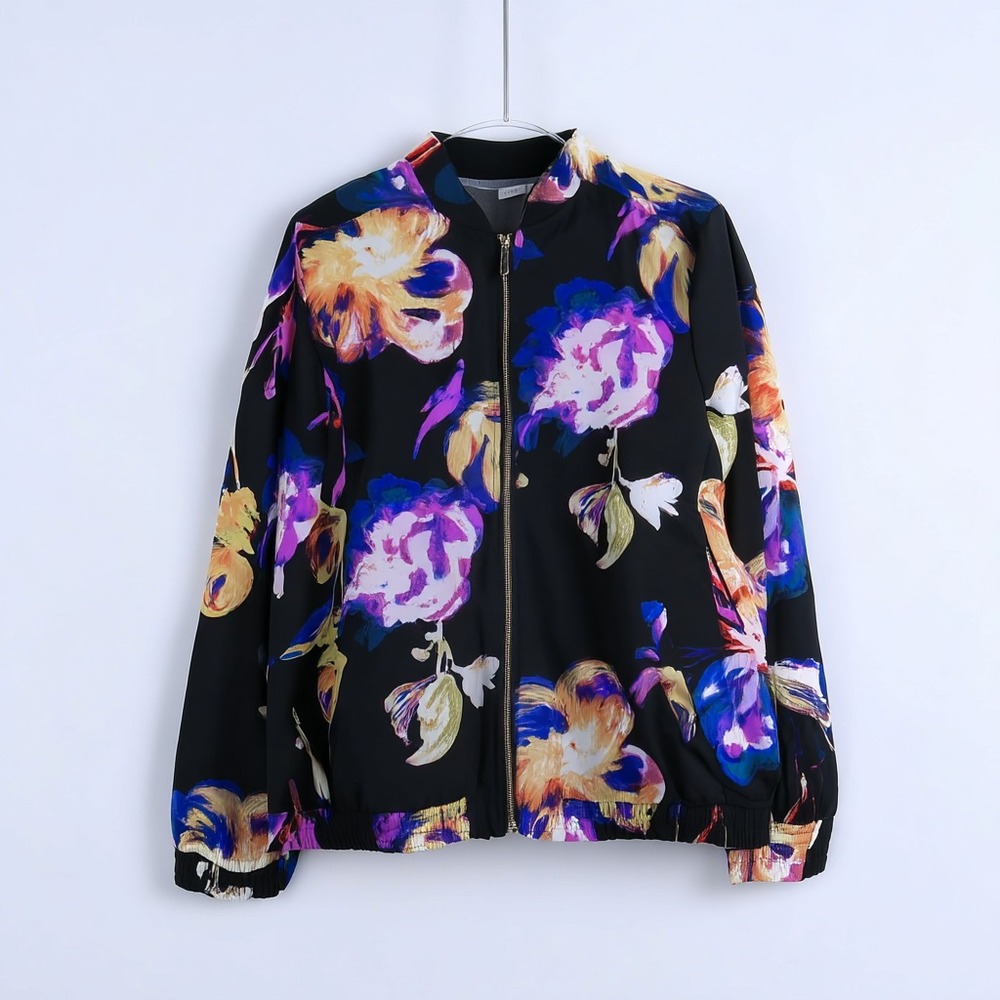 Susan Graver‎ L Floral Print Zip Front Bomber Jacket Lightweight Stretch